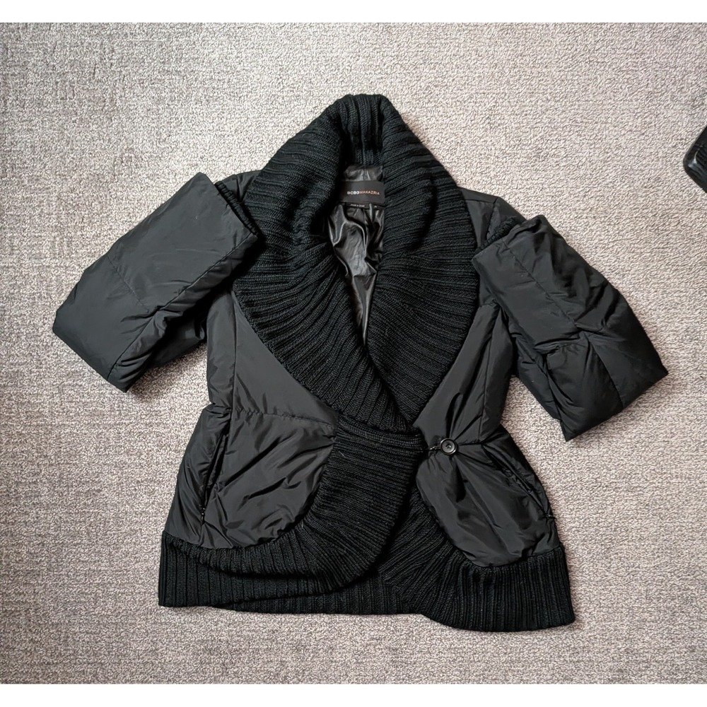 BCBG MaxAzria Black Down Puffy Puffer Coat Jacket XS Sweater Knit Shawl Collar
